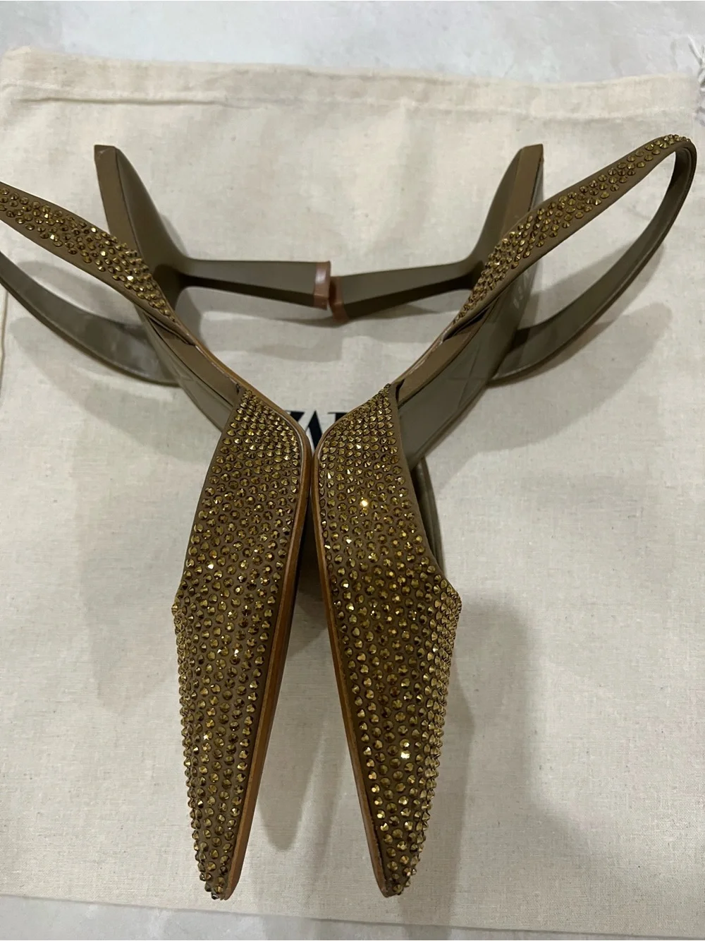ZARA Brown Gold-Tone Crystal Pointed Slingback Heels ONLY WORN ONCE! - Picture 4 of 5